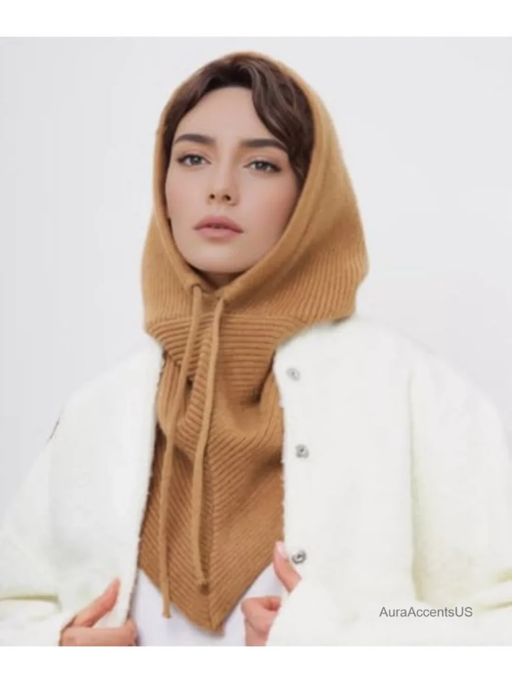 2 in 1 Hooded Scarf Balaclava Knit Hat Winter Beanie for Women